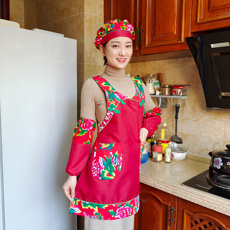 围裙网红同款餐厅厨房家用复古民族风特色东北大红花中式围腰全套