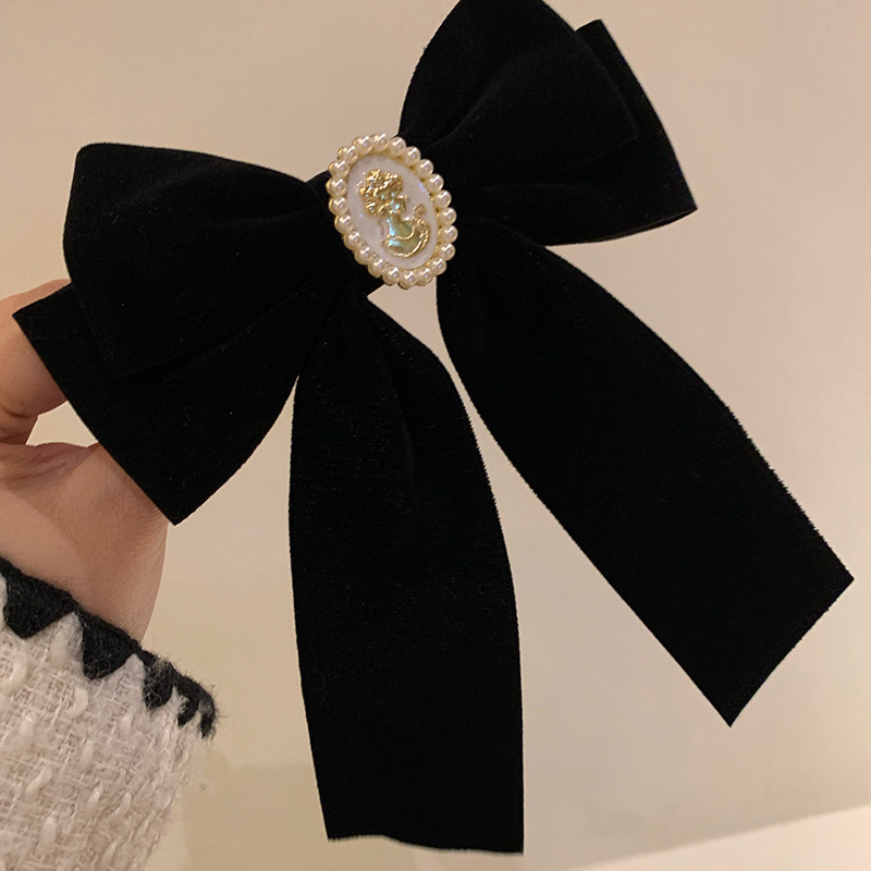 Beauty Head Black Velvet Bow Hairpin Retro French Chanel Style Pearl High-Grade Top Clip Hair Accessories Headdress
