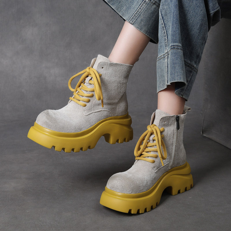 吉树秋冬新款头层牛皮马丁靴短靴草原靴子厚底厚底大黄靴牛仔靴女