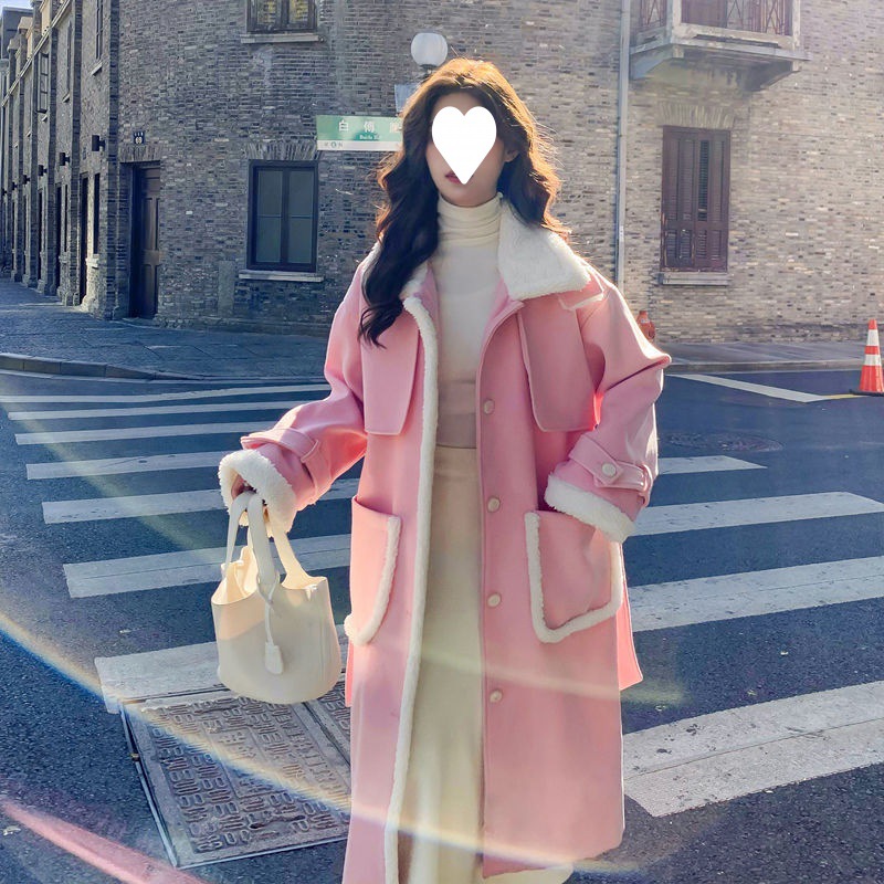粉色羊羔毛呢子大衣女冬季加厚2022新款韩系温柔气质毛呢外套