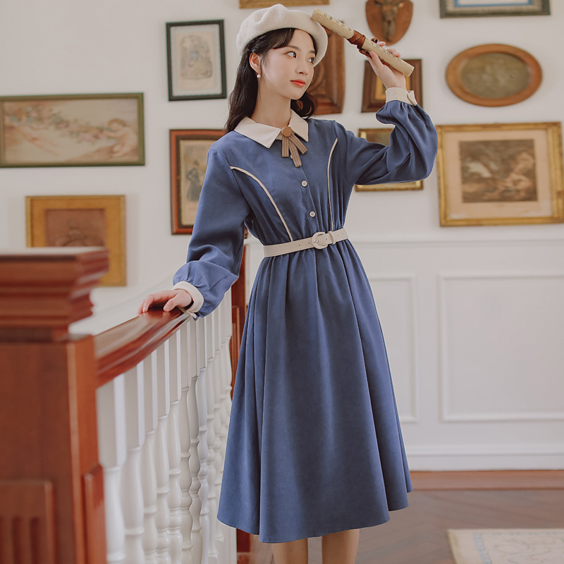 2021新款港风法式复古收腰显瘦长袖连衣裙女(送胸花)