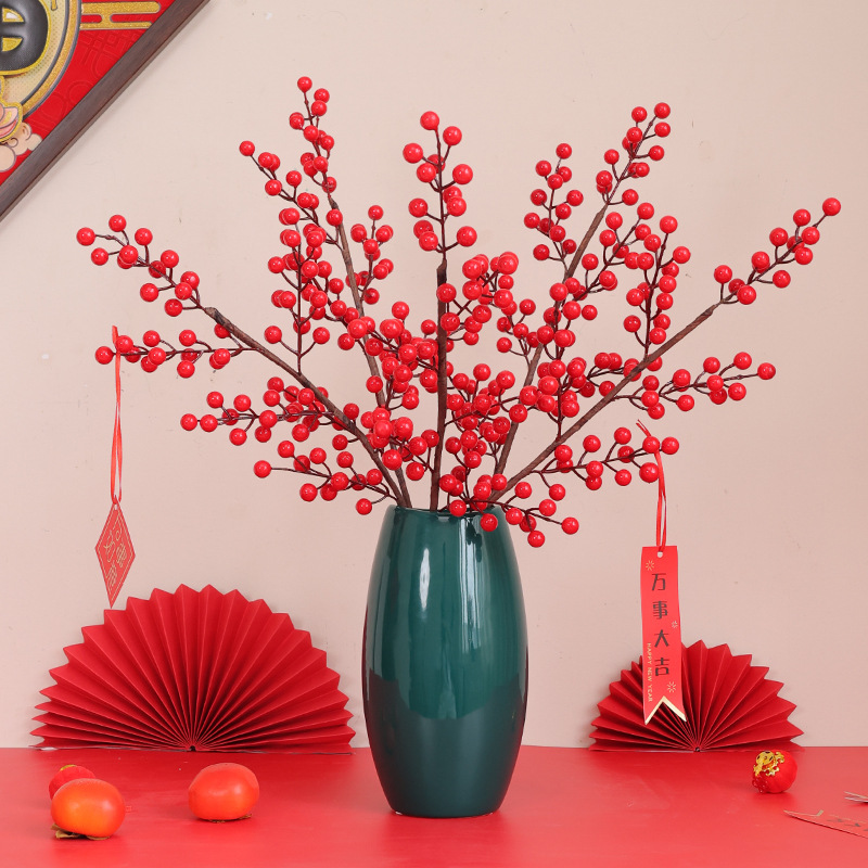 Factory Wholesale Simulation Chinese Hawthorn Hollyberry Fortune Fruit New Year Home Decoration Flower Arrangement Decoration Artificial Berry