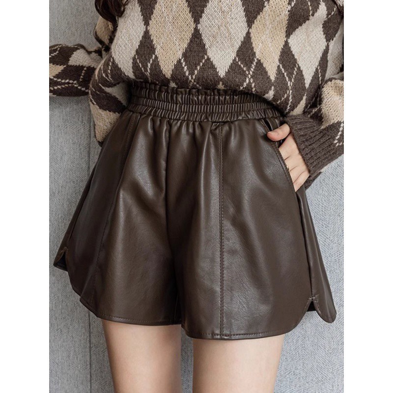 捡漏休闲短裤女秋冬外穿松紧腰高腰显瘦字阔腿皮裤小个子打底靴裤