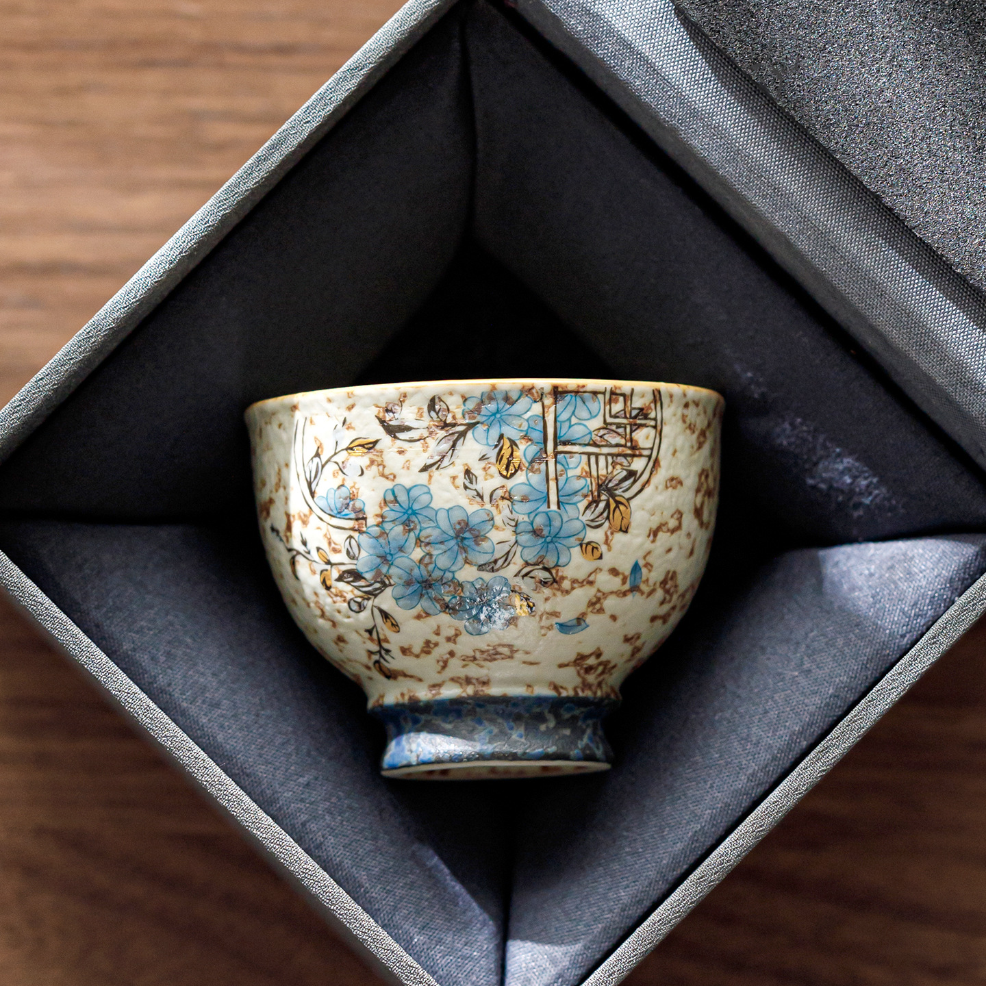 青花火石红妙圆杯家用陶瓷功夫复古单杯品茗杯主人杯轻奢茶杯