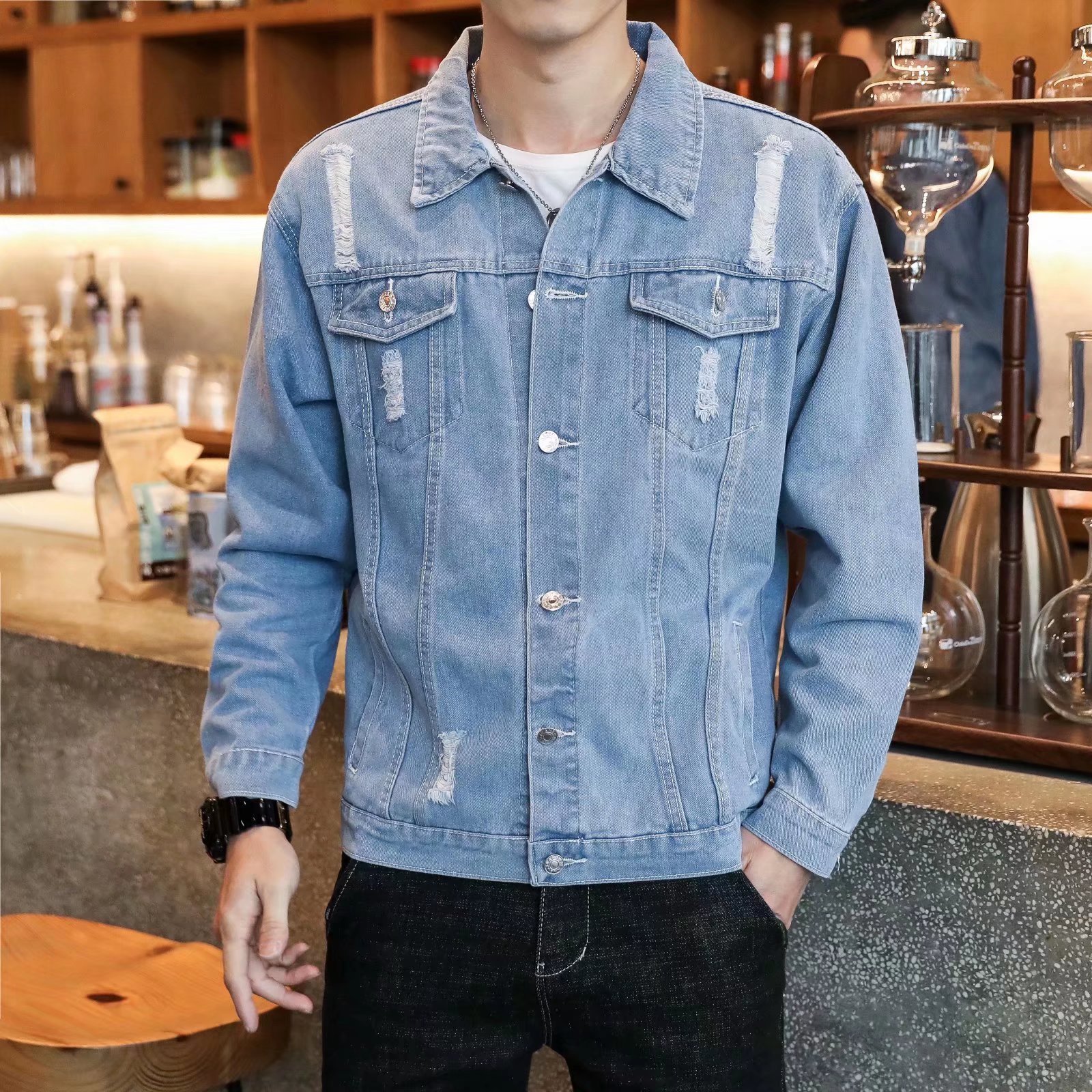 春秋冬季宽松破洞牛仔外套男生潮流韩版工装夹克百搭港风ins衣服