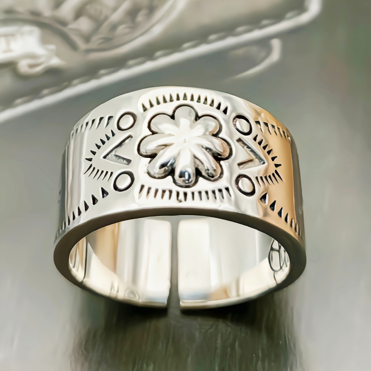新款s925 纯银纳瓦霍风格菊花星戒指匠人复古男女潮手工银饰饰品