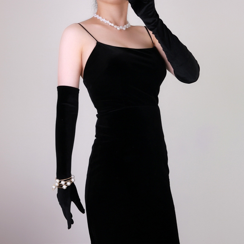 70cm墨绿金丝绒超长款手套礼仪保暖晚礼服高弹力天鹅绒手套黑红白