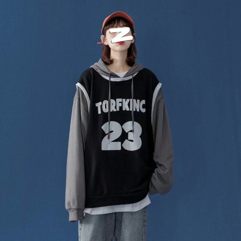 棉质秋季连帽卫衣女2021新款宽松韩版炸街球衣假两件拼接上衣外套
