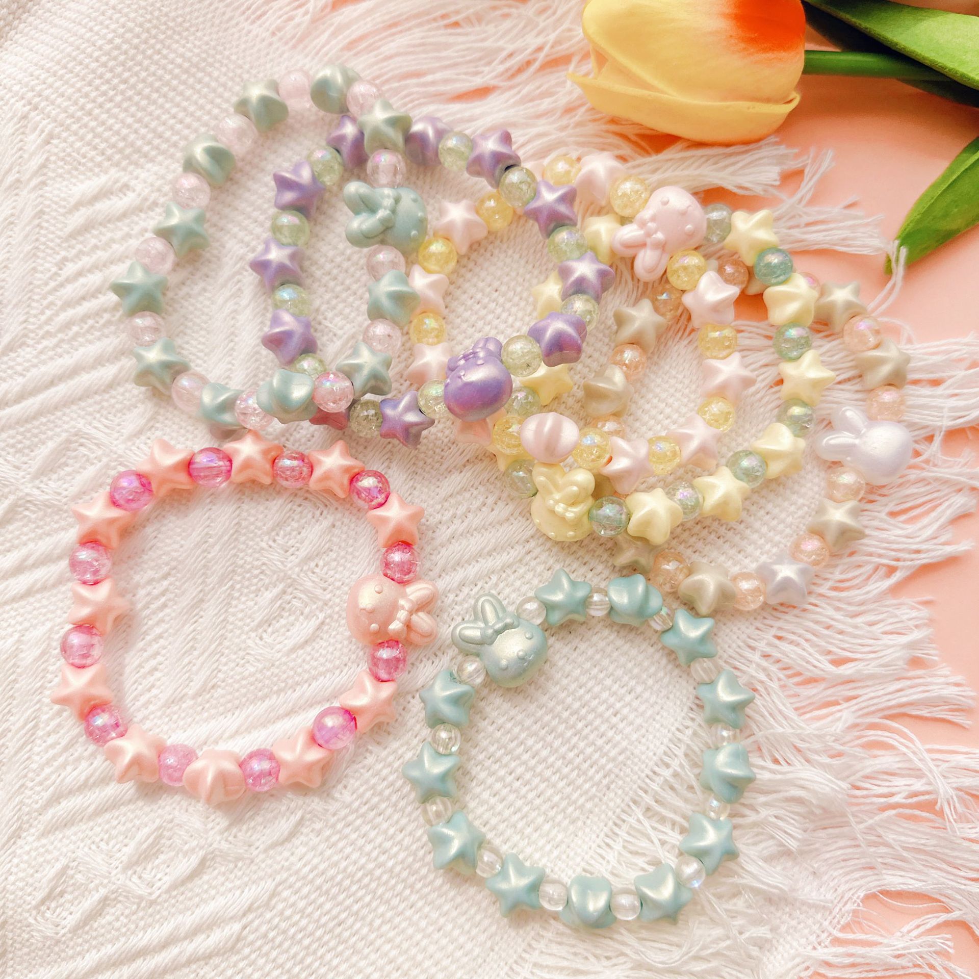 Cute Rabbit Acrylic Children's Bracelet Hand String Beads Students Bracelet Pearl Five-Pointed Star Bracelet Children's Colorful Bracelet