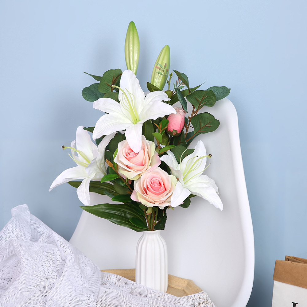 仿真百合手捧花批发 新娘把花家居摆放装饰玫瑰百合仿真花