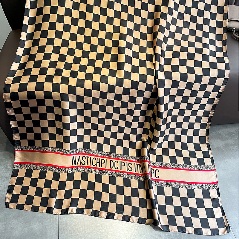 Korean Style Black and White Plaid Chessboard Plaid Letter Stripes Artificial Silk Outer Shawl Travel Outdoor Sun Protection Lengthened Fashion Women