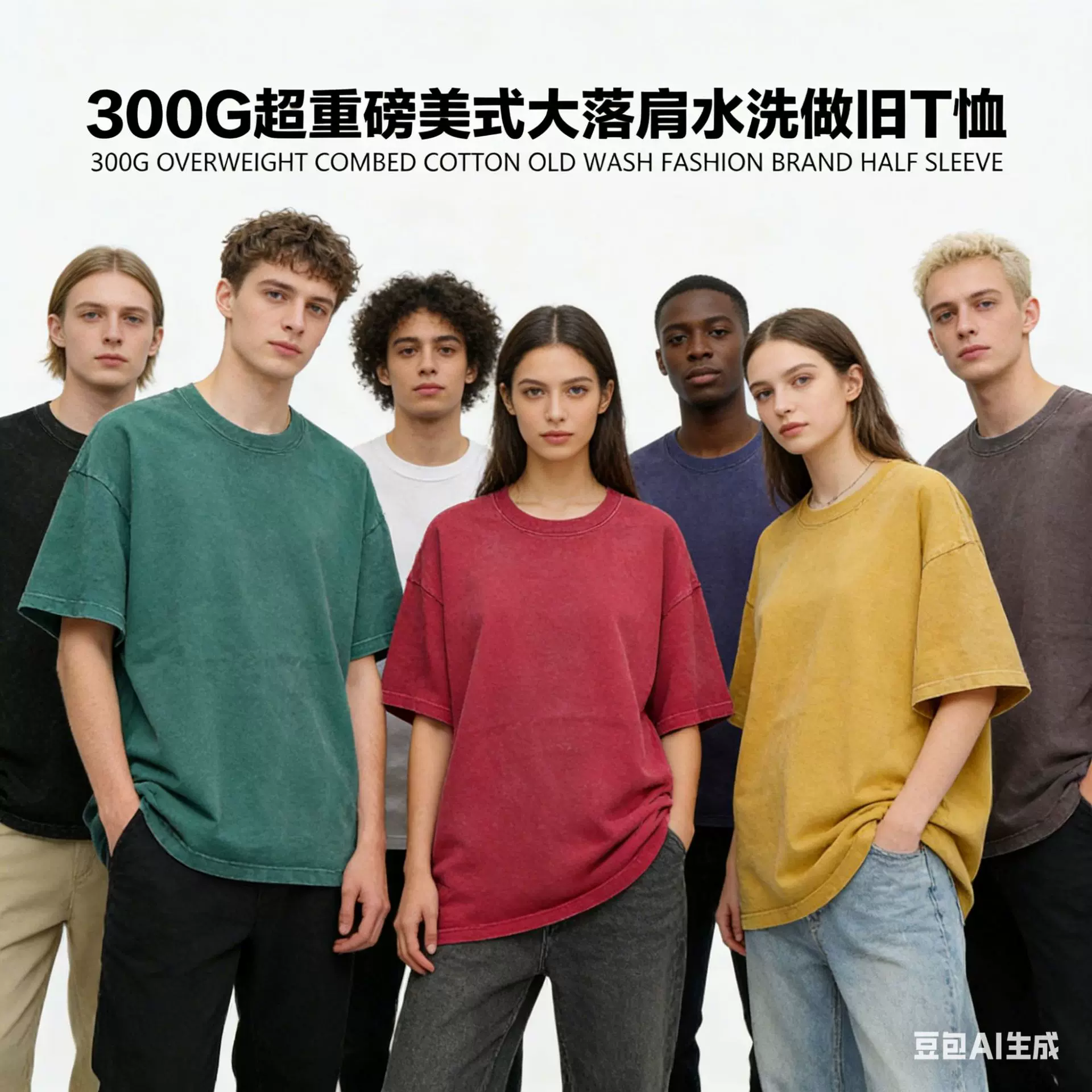 美式重磅300g水洗做旧复古落肩T恤跨境纯棉短袖潮牌港风男女T恤