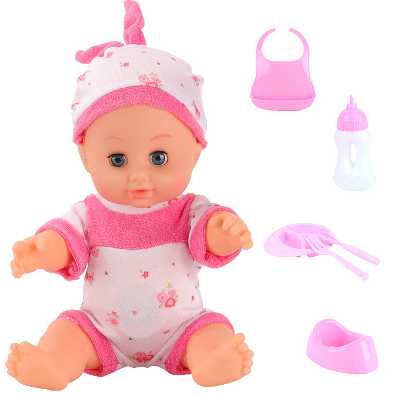 跨境全搪胶娃娃14寸仿真英文发声喝水男女孩配八件过家家玩具套装