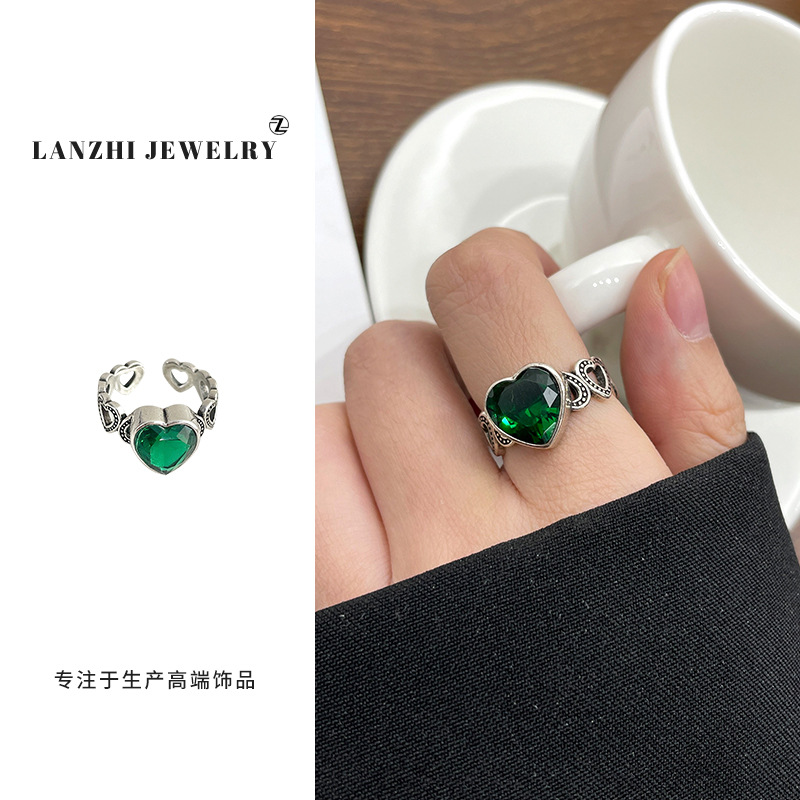 Color Heart-Shaped Zircon Closed Loop Open Ring Female Light Luxury Online Influencer Refined 925 Sterling Silver Ring Non-Fading Niche