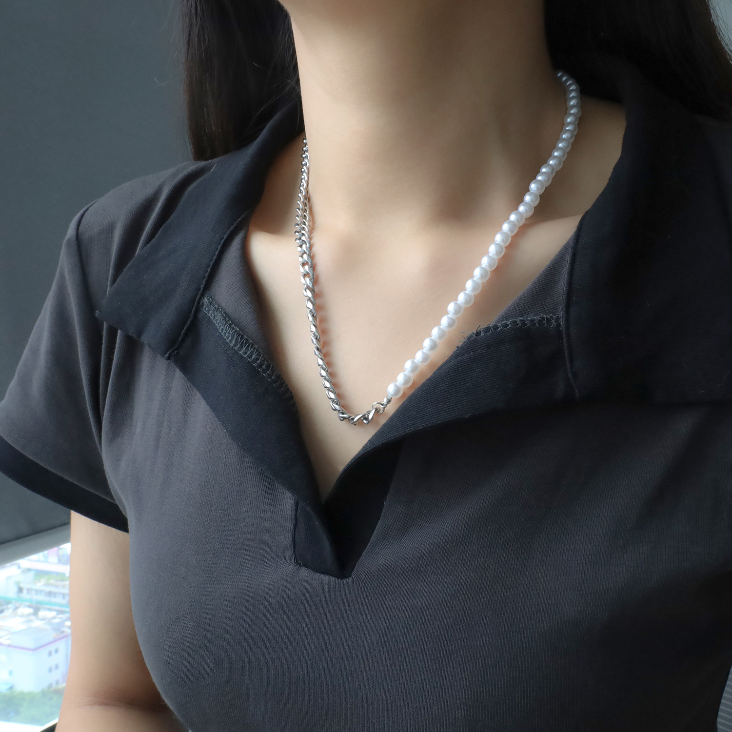 欧美个性潮流古巴链拼接珍珠项链女小众设计冷淡风钛钢饰品批发