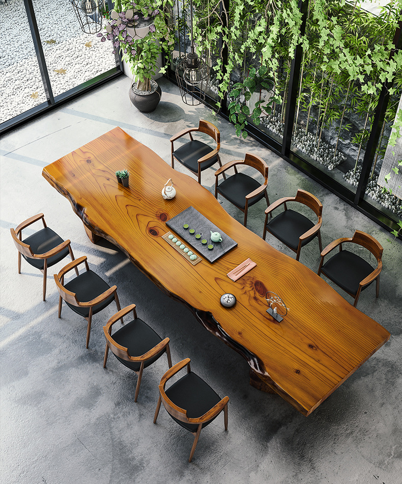 新中式实木整板茶台茶桌 办公室不规则大板桌子 接待泡茶桌椅组合