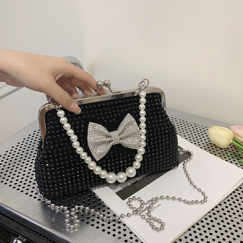 2024新款洋气质感满钻珍珠手提化妆包链条单肩斜挎约