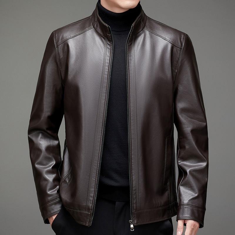 Haining Leather Coat Men's Slim-Fit Dress for the Middle-Aged Short Leather Jacket Men's Business Casual plus Size Fleece Leather Leather Coat