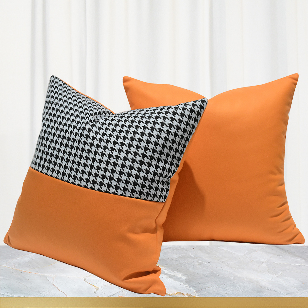 现代爱马仕橙色千鸟格拼接科技布大抱枕样板间客厅简约沙发靠垫套