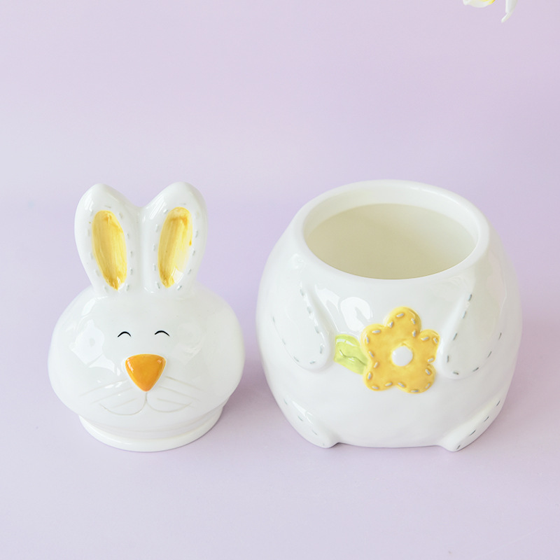 Large Capacity Rabbit Storage Tank Cute Creative Ceramic Flower Relief Storage Jar Household Daily Use Miscellaneous Grains Jar