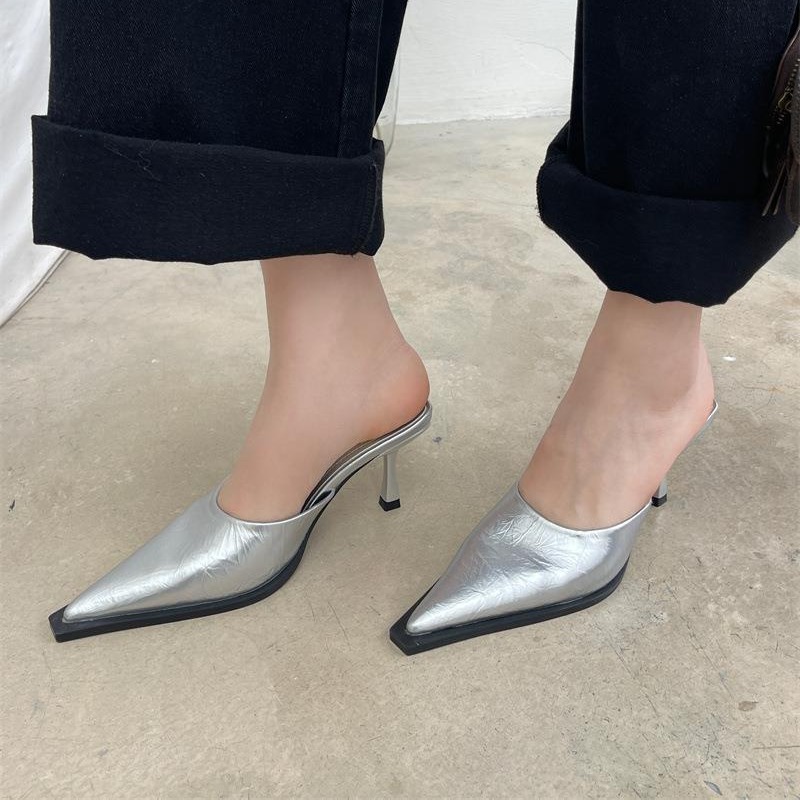 2024 Spring and Summer Half Support Women's European and American Style Pointed Toe Stiletto Heel Slippers Muller Closed Toe Shallow Mouth High Heel Slippers Outer Wear