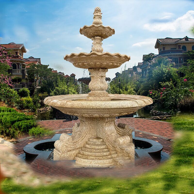 石雕喷泉中式欧式三层石材水景水钵喷泉别墅小区景观流水喷泉摆件