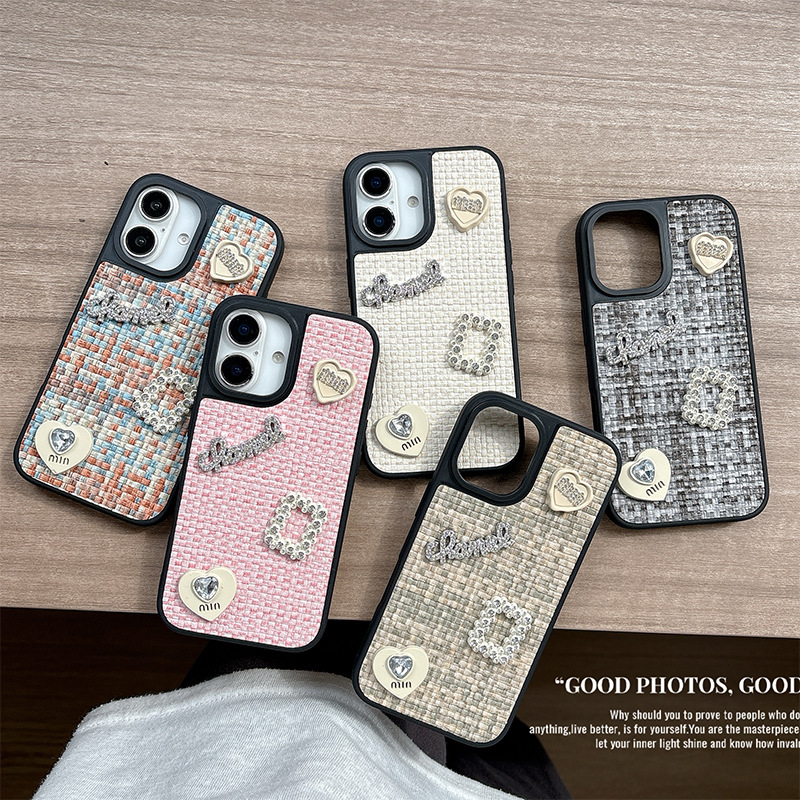 水钻爱心手机壳适用iPhone17promax纹理皮质苹果16简约女款15时尚