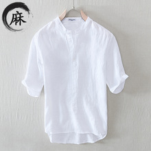 夏季新款亚麻男装纯色立领五分袖日系清新白色衬衣潮1015一件代发