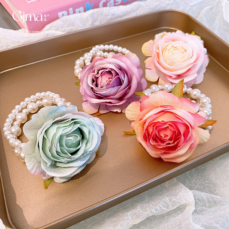 Sweet Fresh Rose Pearl Hair Rope One Style for Dual-Wear Bracelet Hair Ring Girl's Heart All-Match High-Grade Hair Accessories