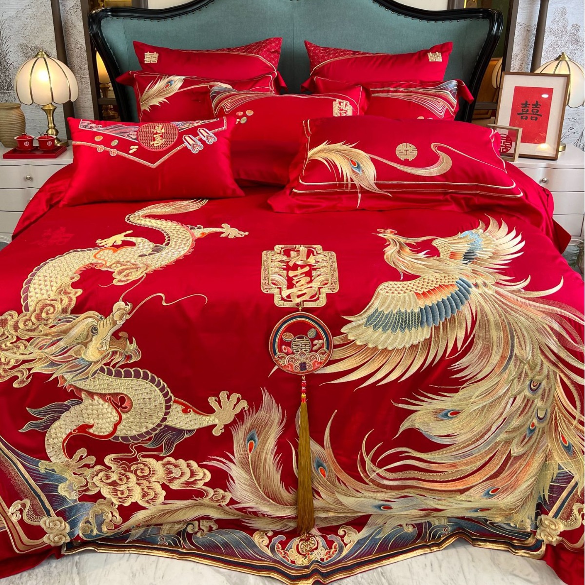 龙凤呈祥贡缎四件套婚庆家纺红色四件套长绒棉刺绣结婚床上用品