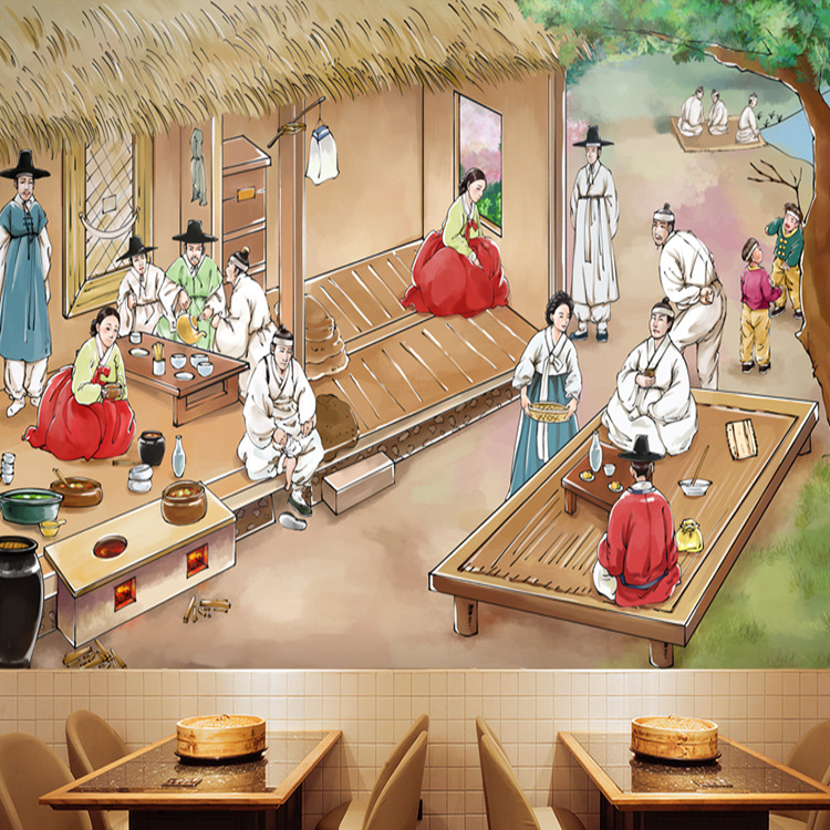 韩式烤肉料理壁纸手绘韩国料理餐厅包厢壁纸烤肉火锅店背景墙壁画