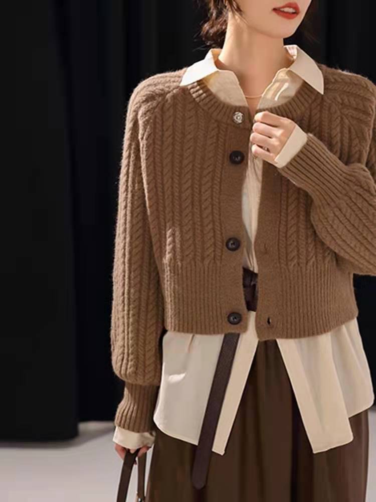 复古日系短款开衫毛衣女2021年春秋新款上衣麻花毛衣外套