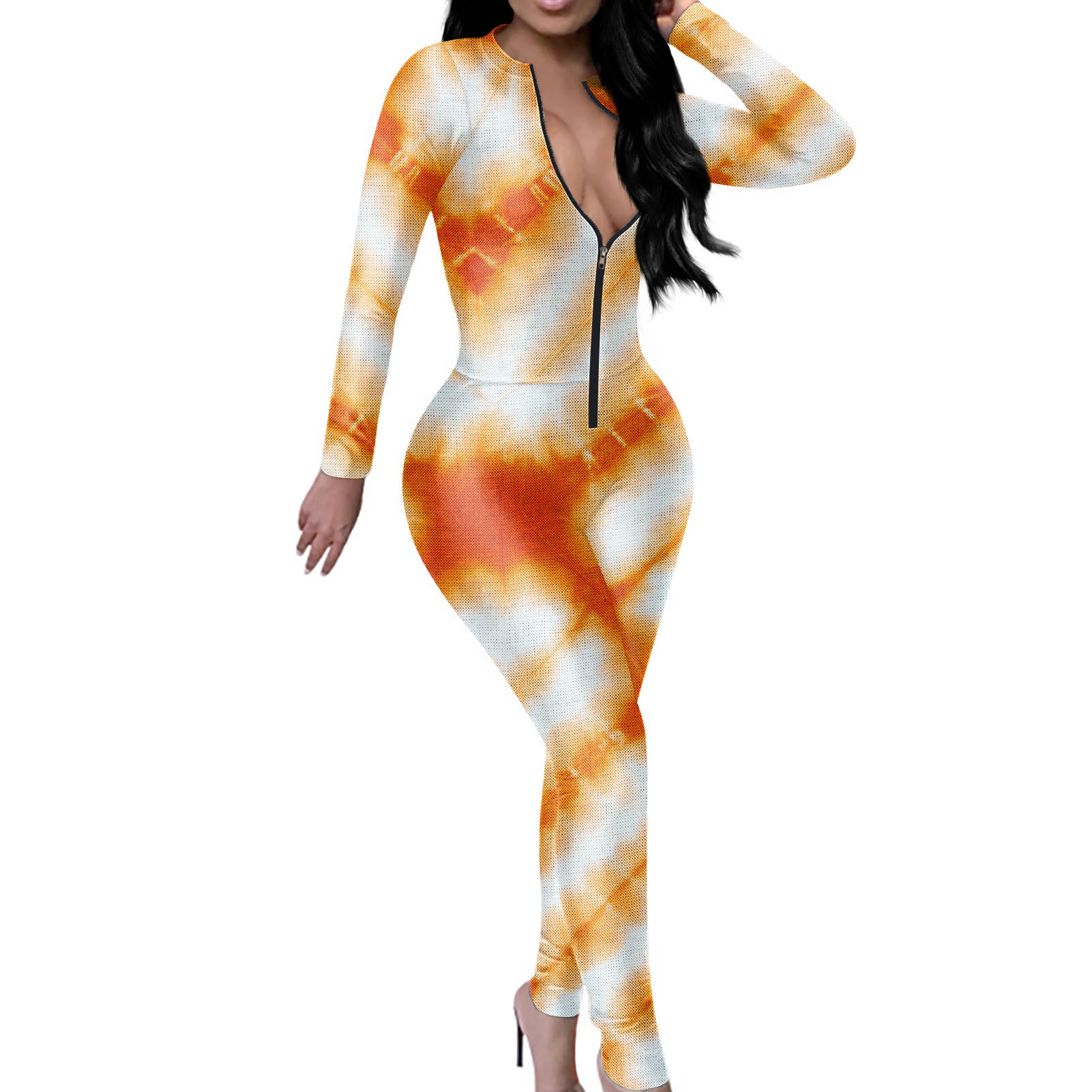 来图定制鲜花拉链性感紧身连体衣长袖长裤连体裤炫彩一件起订代发