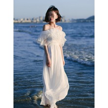 奈良海南三亚沙滩裙女夏季白色长裙雪纺海边度假裙子一字肩连衣裙