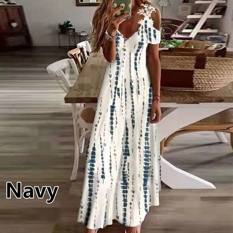 2023 Europe and America Cross Border Amazon Women's Summer New Lace Sling V-neck Fashion Printed Loose Dress