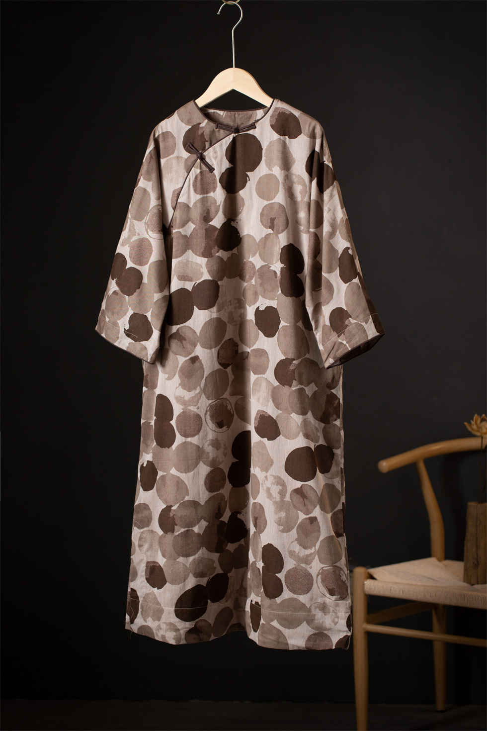 秋新款加里布长袍改良旗袍咖色水墨画中式袍子连衣裙019283