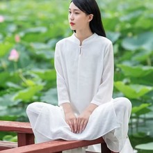 中式女装连衣裙棉麻中长款文艺瑜伽服茶服禅舞服太极服女居士打坐