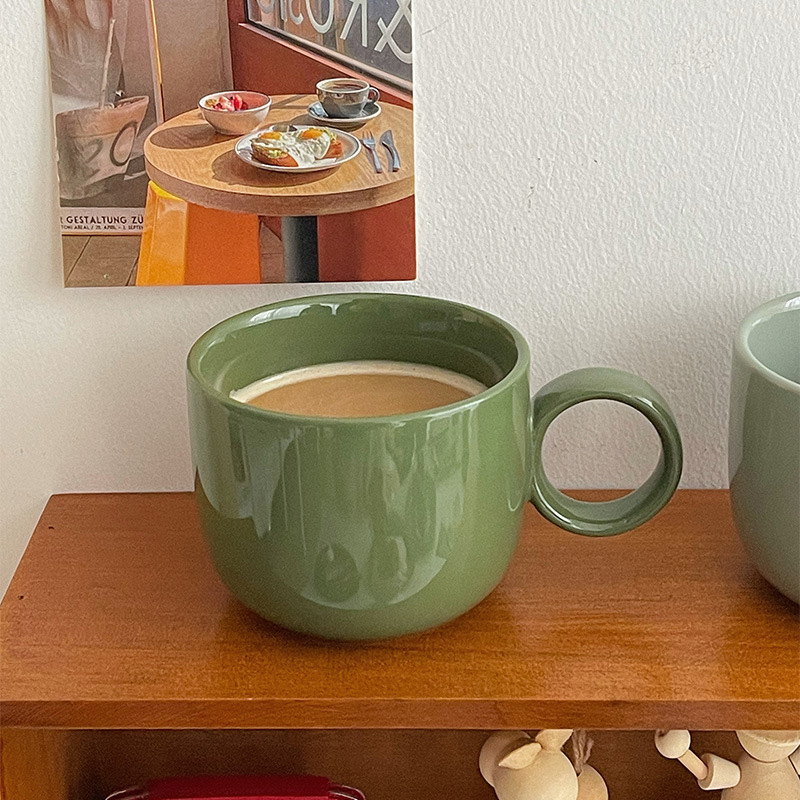 穆尼ins风莫兰迪色指环咖啡杯马克杯墨绿色复古陶瓷茶水杯早餐杯