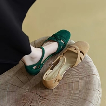 法式经典复古风罗马凉鞋女夏季新款低跟圆头磨砂包头软底平底鞋女