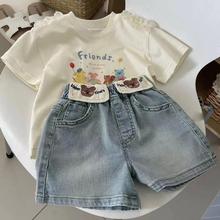 女童24夏季款韩版甜美字母卡通图案印花短袖T恤宽松牛仔短裤套装