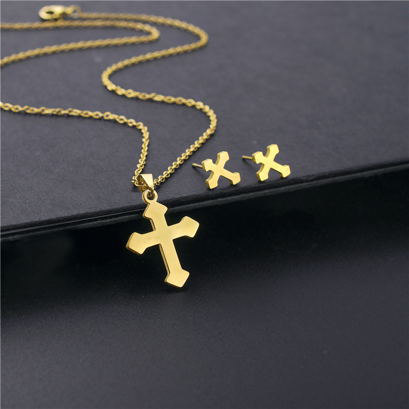 Europe and America Cross Border Cross Necklace and Earring Suit Personality Trend Stainless Steel Glossy Cross Clavicle Chain Women's