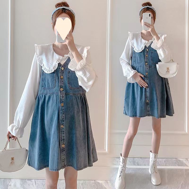 Pregnant Women's Denim Skirt Suit Spring and Autumn New Dress Plump Girls Suspender Skirt Slimming Doll Collar Shirt Fashionable Mom