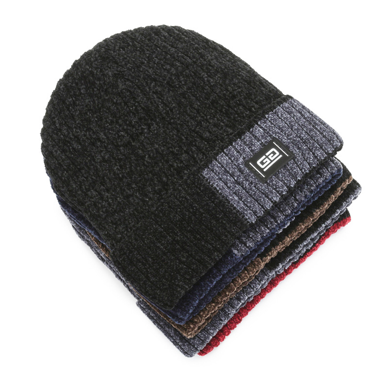 Men's Winter plus Fluff Knitted Hat Chenille Wool Ear Protection Young Boys Ski Cap Thickened Warm Pullover Cap