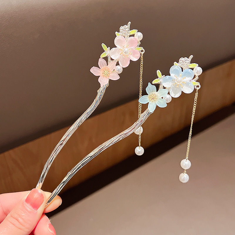 Fairy Ancient Style Hair Accessories Peach Blossom Pearl Tassel Hairpin Hanfu Updo Hair Clasp Cheongsam Hairpin Dangling Ornament Headwear Wholesale