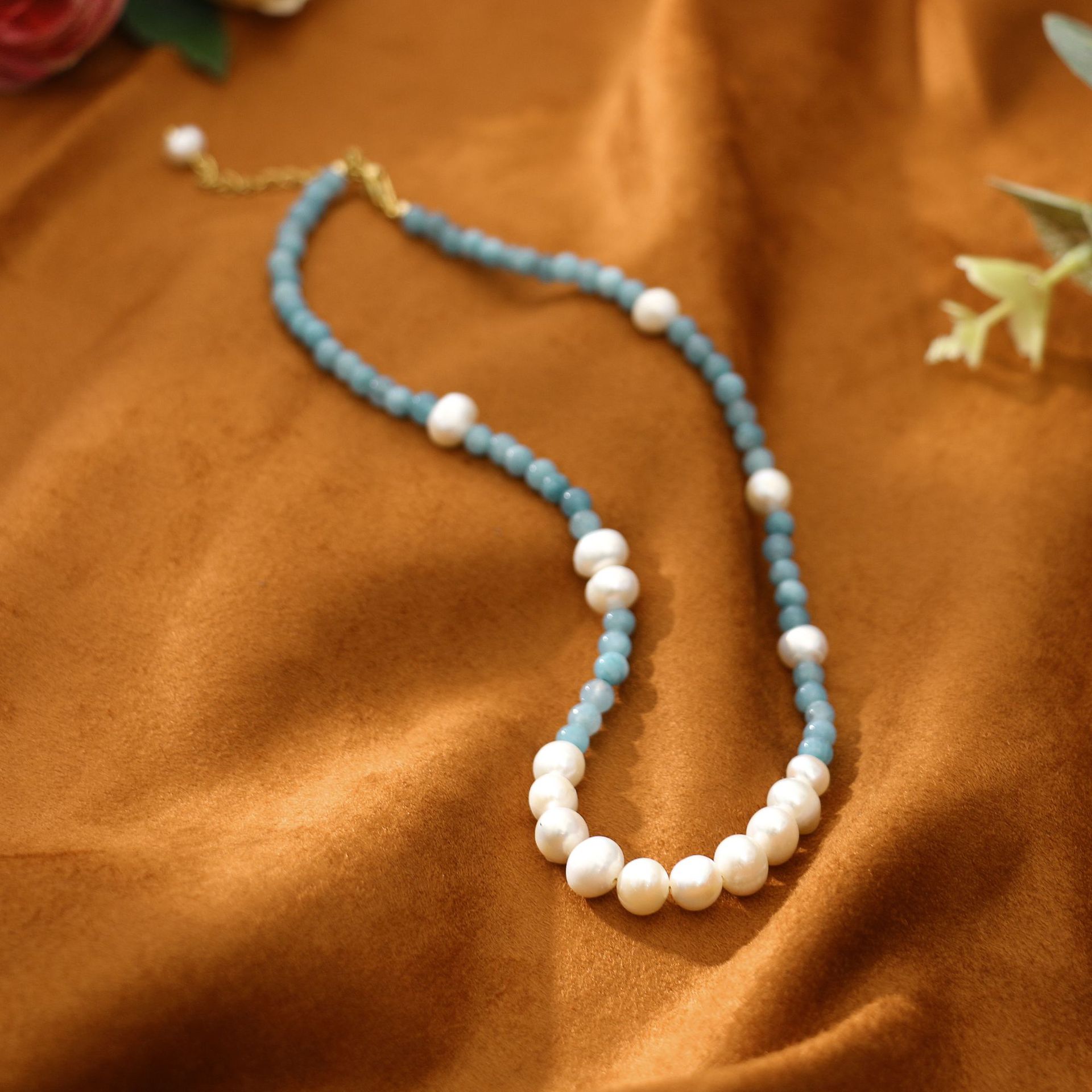 Aquamarine Set round Beads Freshwater Pearl Necklace Light Luxury Ornament Minority All-Match Elegant High-Grade Retro Clavicle Chain