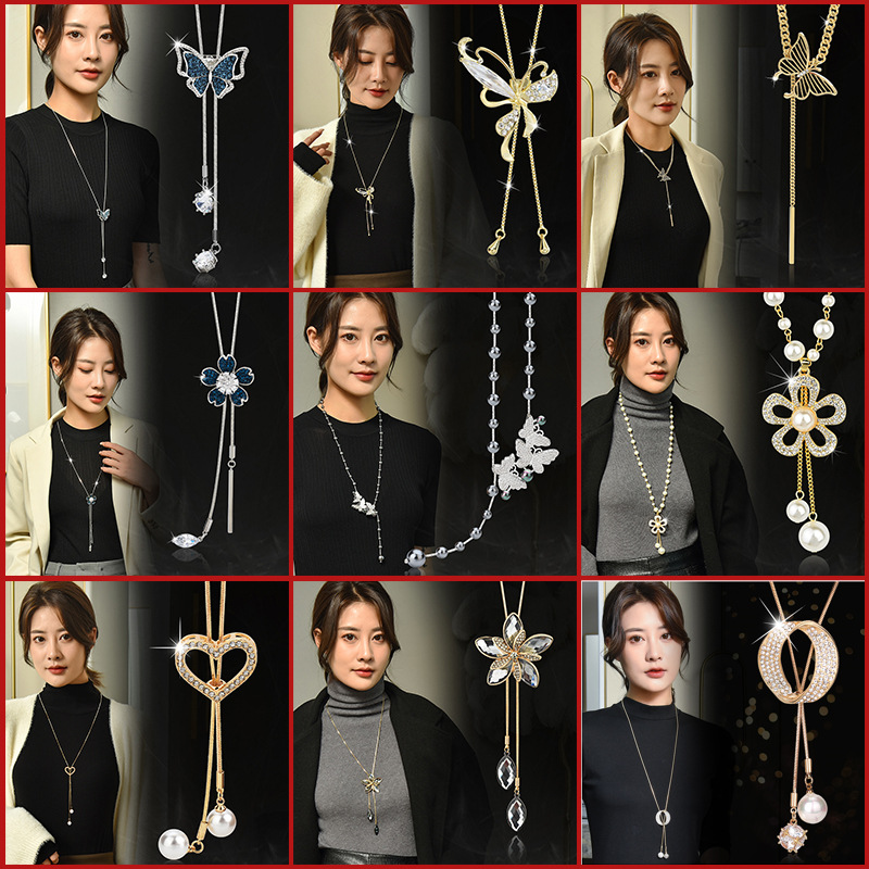 Factory Direct Sales Crystal Flowers Autumn/Winter Sweater Chain Diamond High-Grade Temperament Long Autumn and Winter Tassel Pearl Necklace