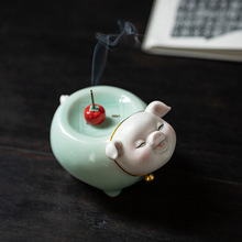 小猪摆件(诸事大吉)陶瓷可爱猪线香插创意茶室桌面香道摆设工艺品
