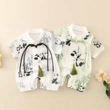 婴儿中式衣服夏季帅气短袖连体衣男宝宝百天国风熊猫周岁礼服