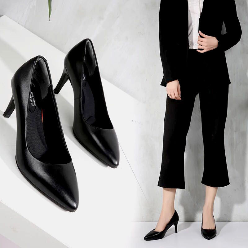 柔软黑色皮鞋女空乘高跟鞋尖头正装空姐商务职业四季鞋细跟单鞋女