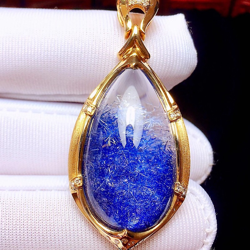 鸿硕晶天然蓝发晶发晶花吊坠男女款18k金镶嵌挂件晶体通透礼品